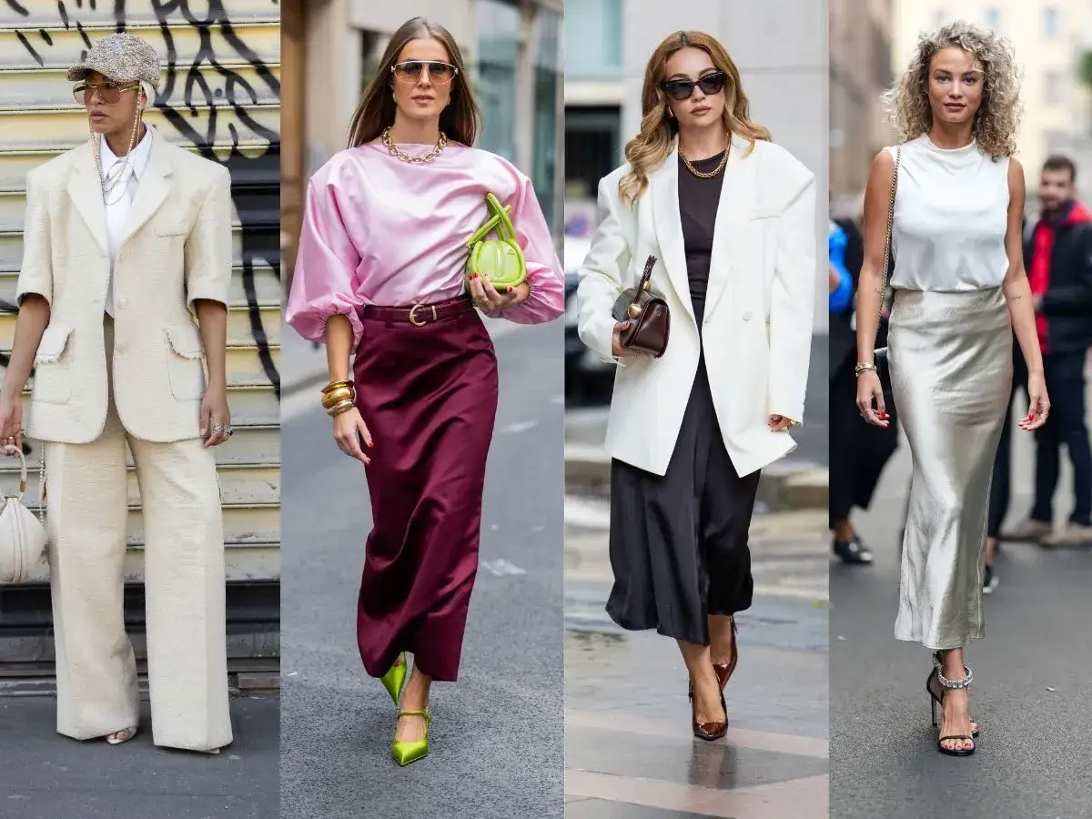 Eleganckie stylizacje: kremowy garnitur w kolorze ivory, różowa bluzka z bordową spódnicą, biała marynarka z czarną sukienką i biała bluzka ze srebrną spódnicą.