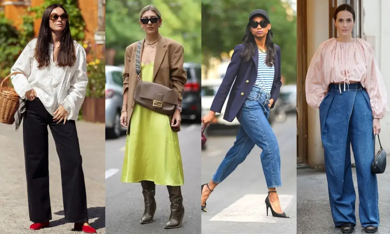 Stylizacje w stylu smart casual: luźne jeansy, sukienka satynowa z marynarką, biała bluzka z szerokimi spodniami.