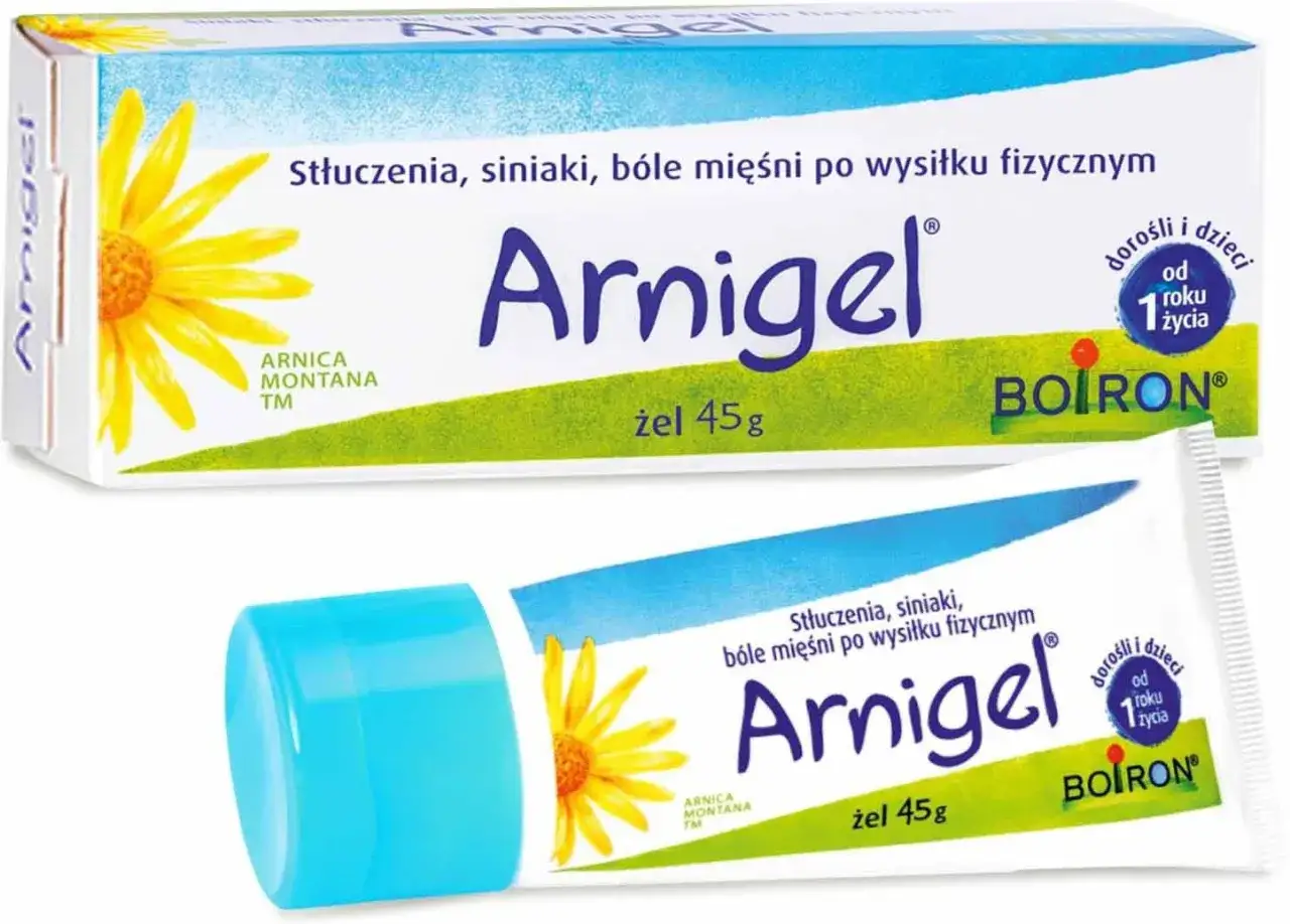 Maść z arniki na twarz Arnigel. Żel na stłuczenia, siniaki i bóle mięśni po wysiłku fizycznym, od 1 roku życia.